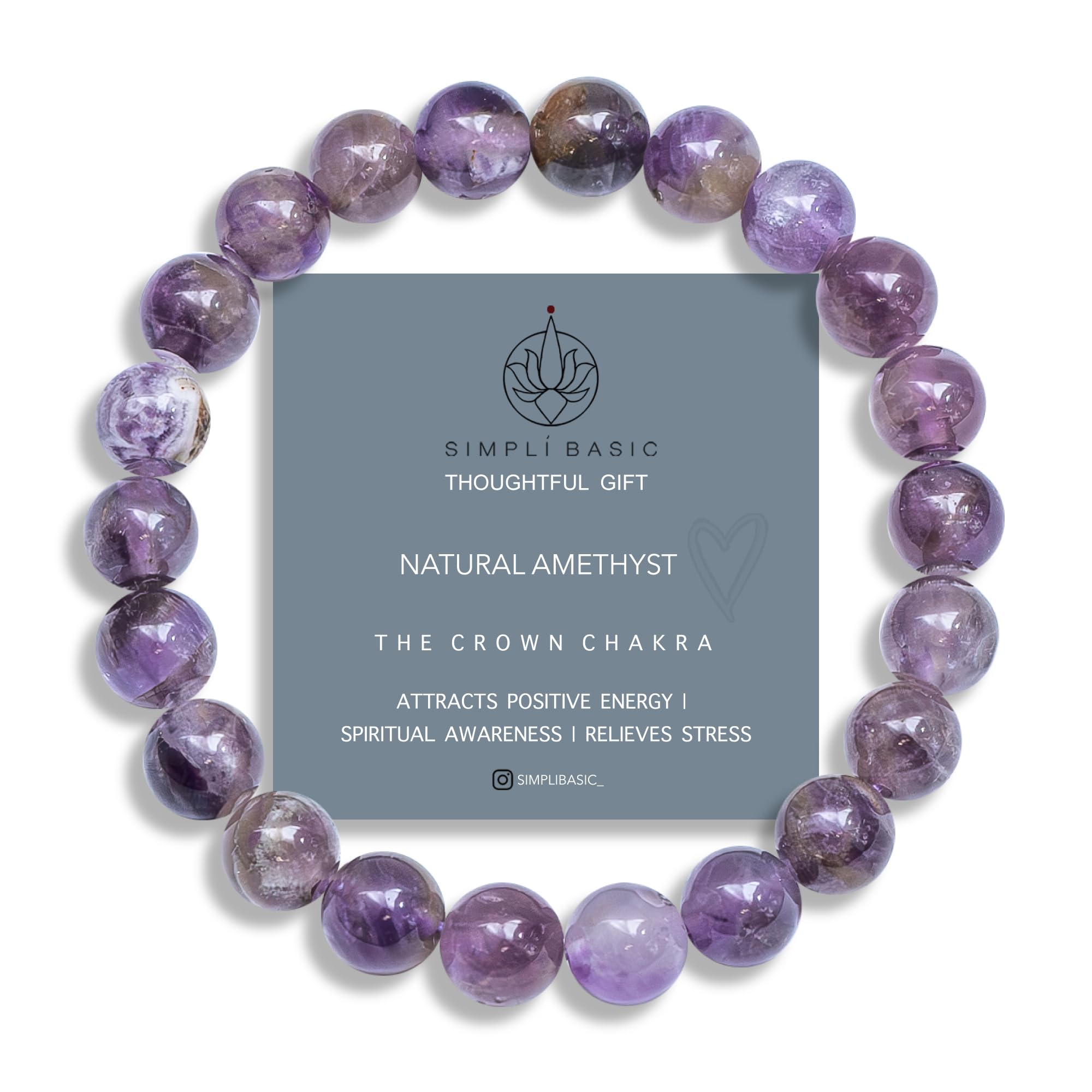 SIMPLÍ BASIC Natural 8MM Purple Amethyst Crystal Stone Healing Bracelets for Women and Men with Attractive Jewellery Gift Box|Gifts for Her and Him