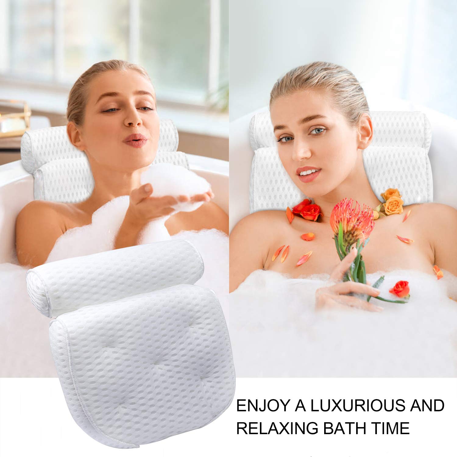 Pretigo Bath Pillow Bathtub Pillow, Bath Pillows for Tub with Neck, Head, Shoulder and Back Support, 4D Air Mesh Spa Pillow and 7 Suction Cups for Bath(12.6x14.4x3.5in, White) : Beauty