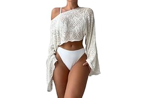 Women's Hollow Out Crochet Beach Cover Up Sheer Bell Long Sleeve Asymmetrical Loose Crop Tops