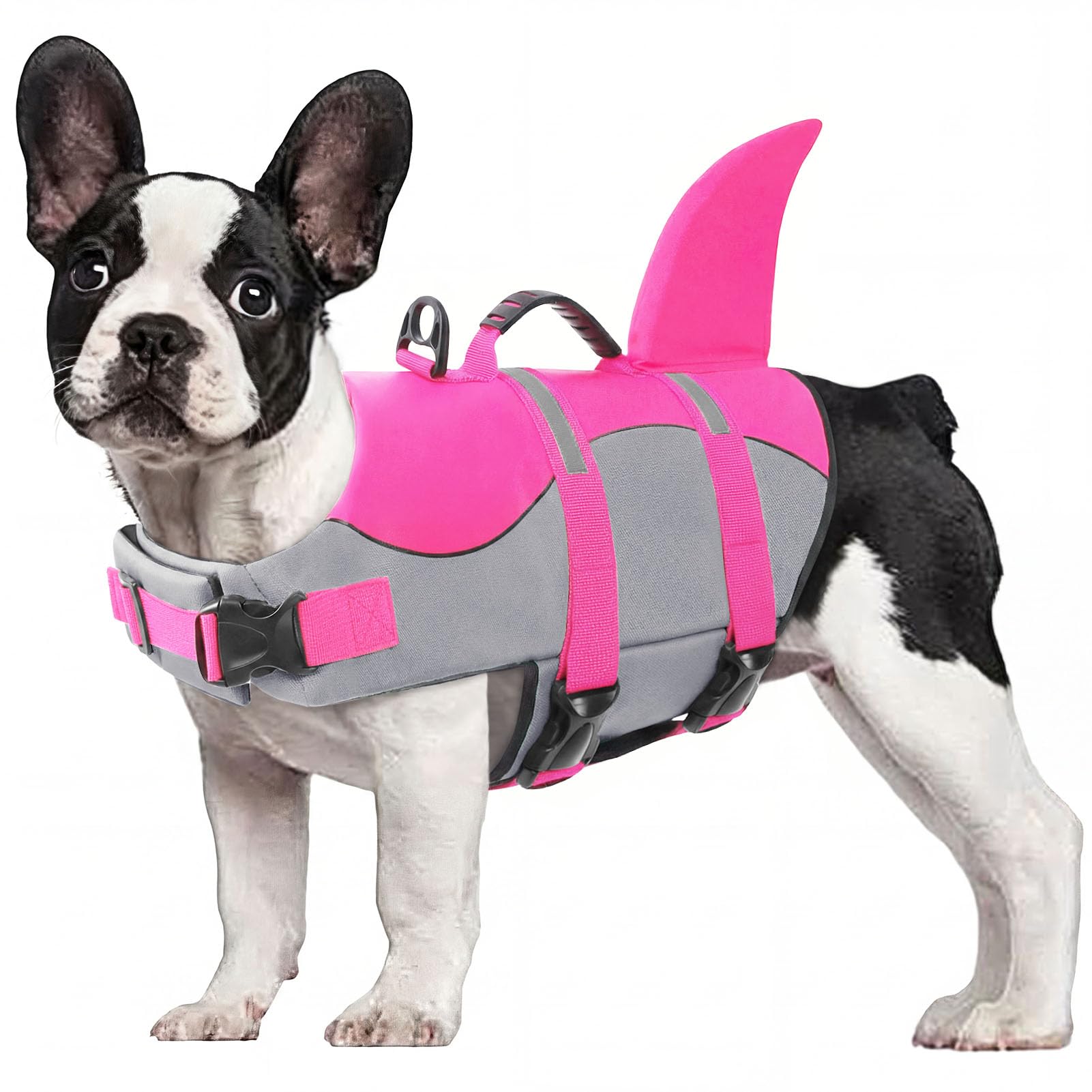 CITÉTOILE Dog Life Jacket Shark Costume, Puppy Safety Vest for Swimming Pool Beach Boating, Training Flotation Vest with Rescue Handle & Reflective Strips for Dogs, Pink, L