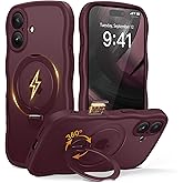 for iPhone 16 Case, [Compatible with Magsafe][360° Spin Magnetic Stand][Military-Grade Protection][Camera Control][Cute Wave Edge]Translucent Matte Women Phone Cover for iPhone 16, Burgundy