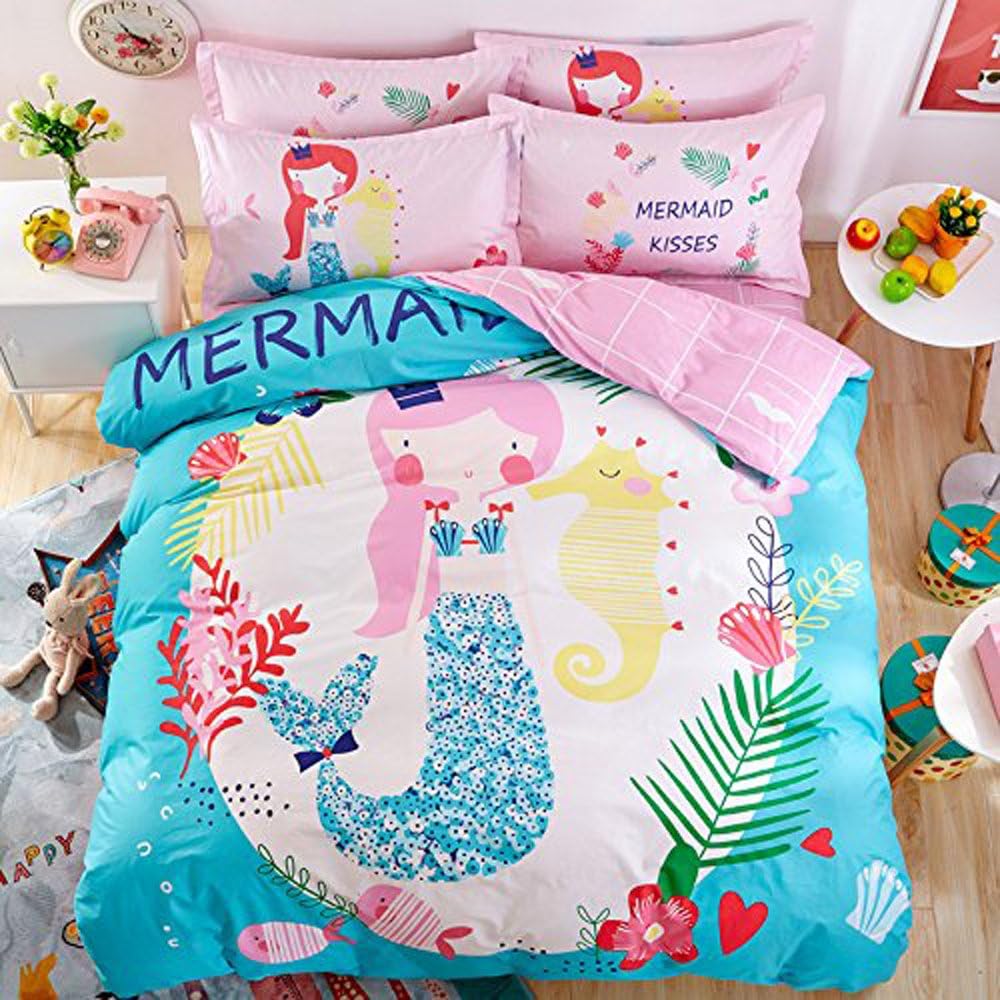 Hxiang 3 pcs Cartoon Mermaid Duvet Cover Set Flat Sheet Pillow Cases 400TC 100% Soft Cotton Fabric Twin Size Bedding Sets (Twin)