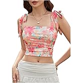 SOLY HUX Women's Floral Print Tie Shoulder Camisole Top Ruched Square Neck Boho Crop Tops