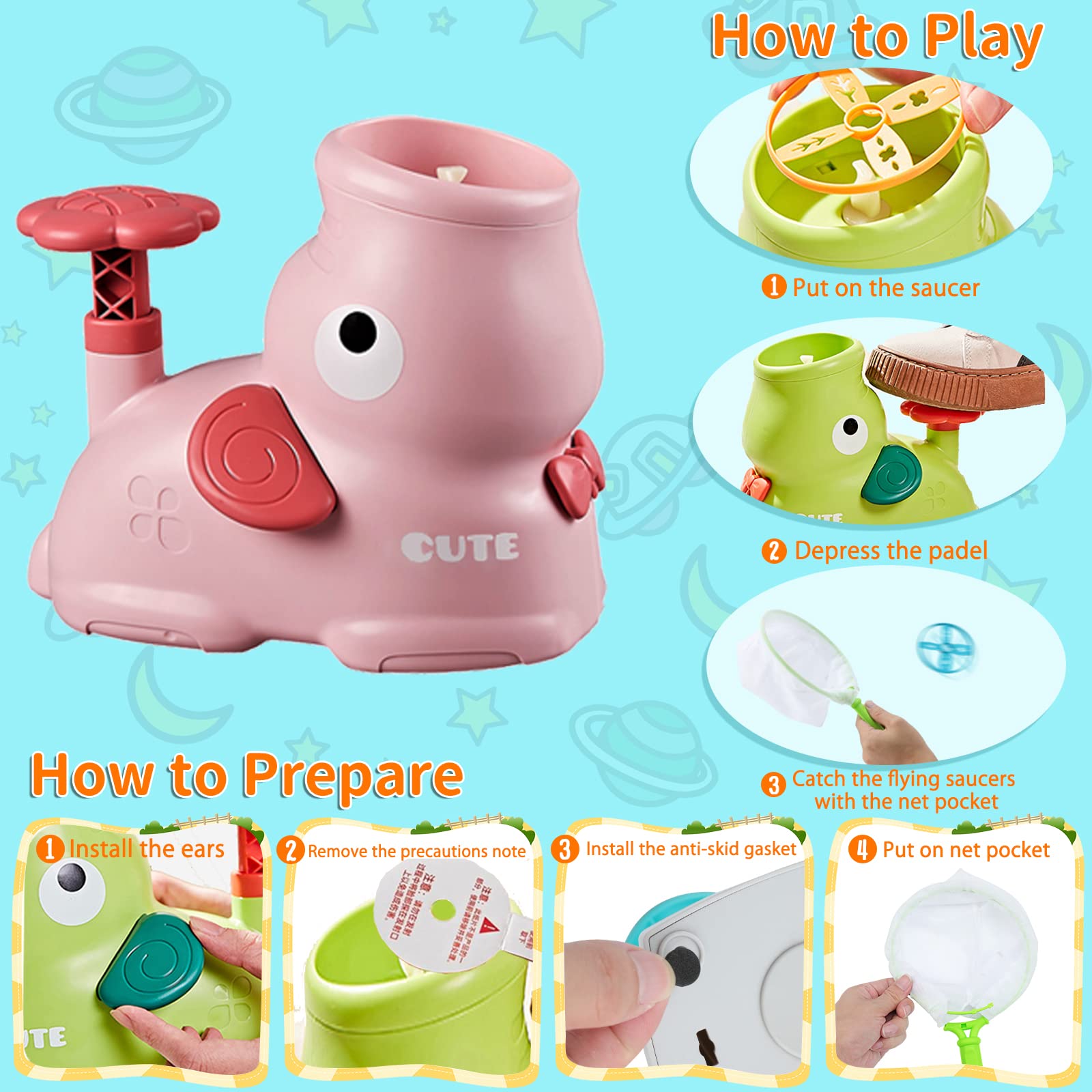 Outdoor Toys for Kids Ages 4-8, Flying Disc Launcher with 8 Discs and 2 Net Pockets - Perfect for Birthdays, Christmas, New Year (Pink)