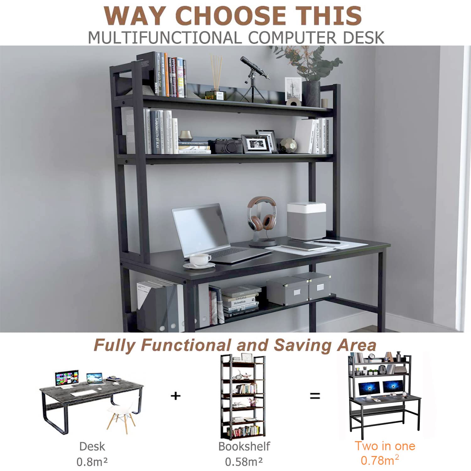 Aquzee Computer Desk with Hutch and Bookshelves, Large Leg Room 47 inch Width Black Desk with Space Saving Storage Shelves for Home Office,Study, Work, Easy Assemble