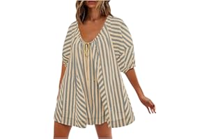 MXALUOB Casual Jumpsuits for Women Summer Fashion Puff Sleeve Loose Fit Shorts Romper with Pockets One Piece Striped Jumpsuit