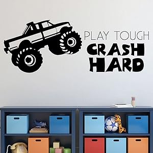 Room Wall Decor | Monster Truck - Play Tough Crash Hard Quote | Vinyl Decal Stickers for Home in Teen, Kids, Baby Boys Bedroom, Bathroom, Nursery or Man Cave | Custom Sizes and Colors Fit Any Themed Living Space