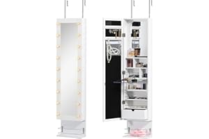 HOMCOM Mirror Jewelry Cabinet Armoire, Jewelry Organizer with 18 LED Lights, Wall-Mounted and Over-The-Door Cabinet with 3 Mo
