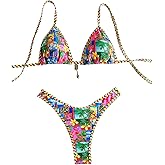 WDIRARA Women's 2 Piece Tropical Graphic Thong Bikini Set Triangle String Swimsuit High Cut Bathing Suit