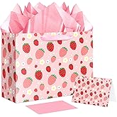 XiaosRen Large Strawberry Birthday Gift Bag with Tissue Paper and Card, Pink Gift Bag for Girls Kids Birthday, Baby Shower Party Supplies.