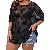 MakeMeChic Women's Plus Size Black Sequin Tops Sheer See Through Short Sleeve Shirts Tops Summer Outfits