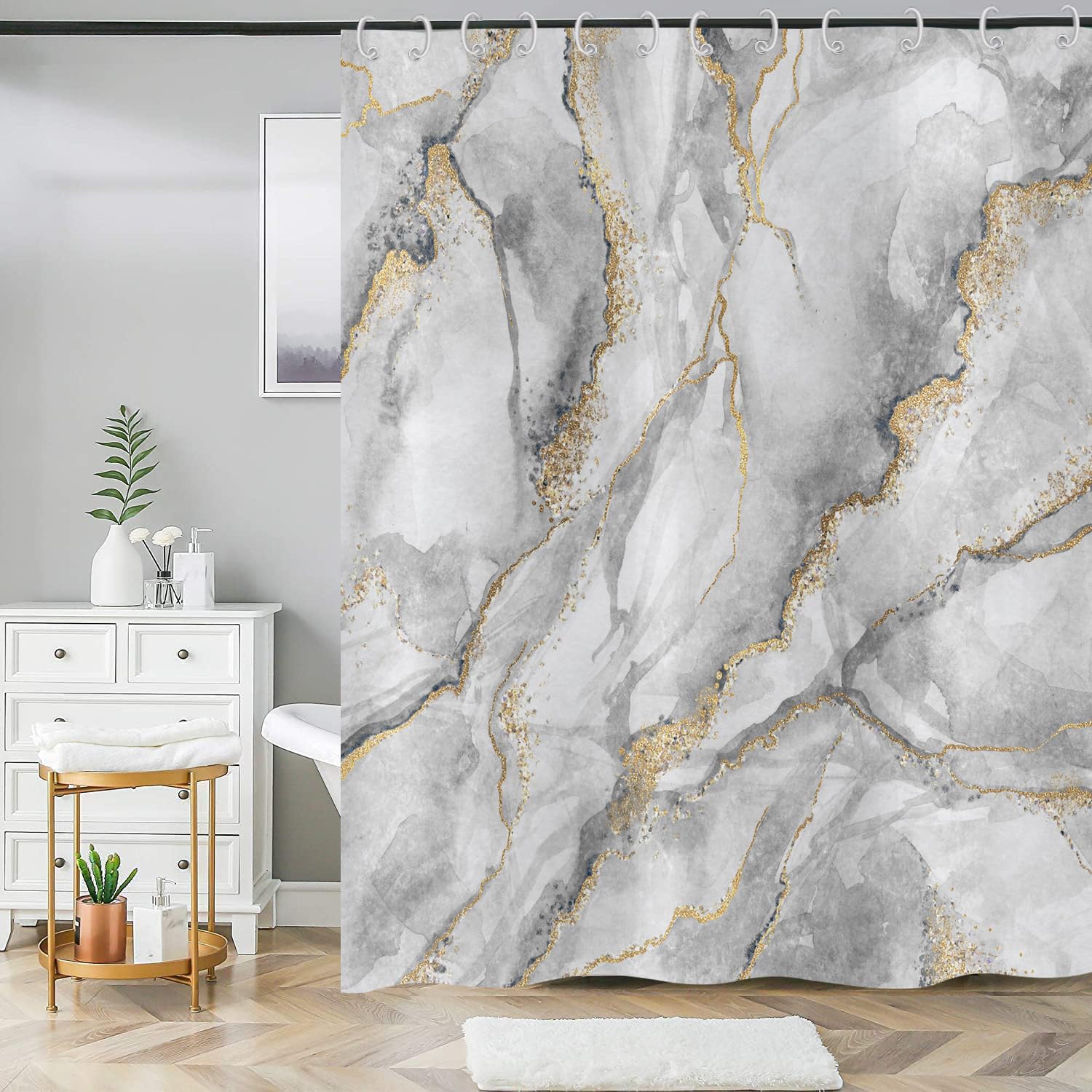 ASDCXZ Marble Shower Curtain 180x220 cm, Modern Abstract Grey White Gold Marble Optic Texture Colorful Washable Shower Curtains Polyester Textile Waterproof Bath Curtain for Bathtub with 12 Hooks — image 1