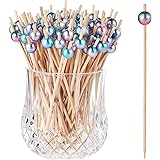 ALINK 100-Pack Cocktail Picks for Appetizers, Rainbow Pearl Wooden Toothpicks Skewers Sticks for Food, Drinks, Fruits, Party