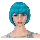 SWACC 10 Inch Short Straight Bob Wig with Bangs Synthetic Colorful Cosplay Daily Party Flapper Wig for Women with Wig Cap (Teal Blue)