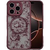 XIZYO Magnetic Case for iPhone 16 Pro Max, Floral Flower Cute Aesthetic Case [Compatible with Magsafe] for Women Girls Rose Pattern Slim TPU Bumper Shockproof Protective Cover, Branch Rose/Wine Red