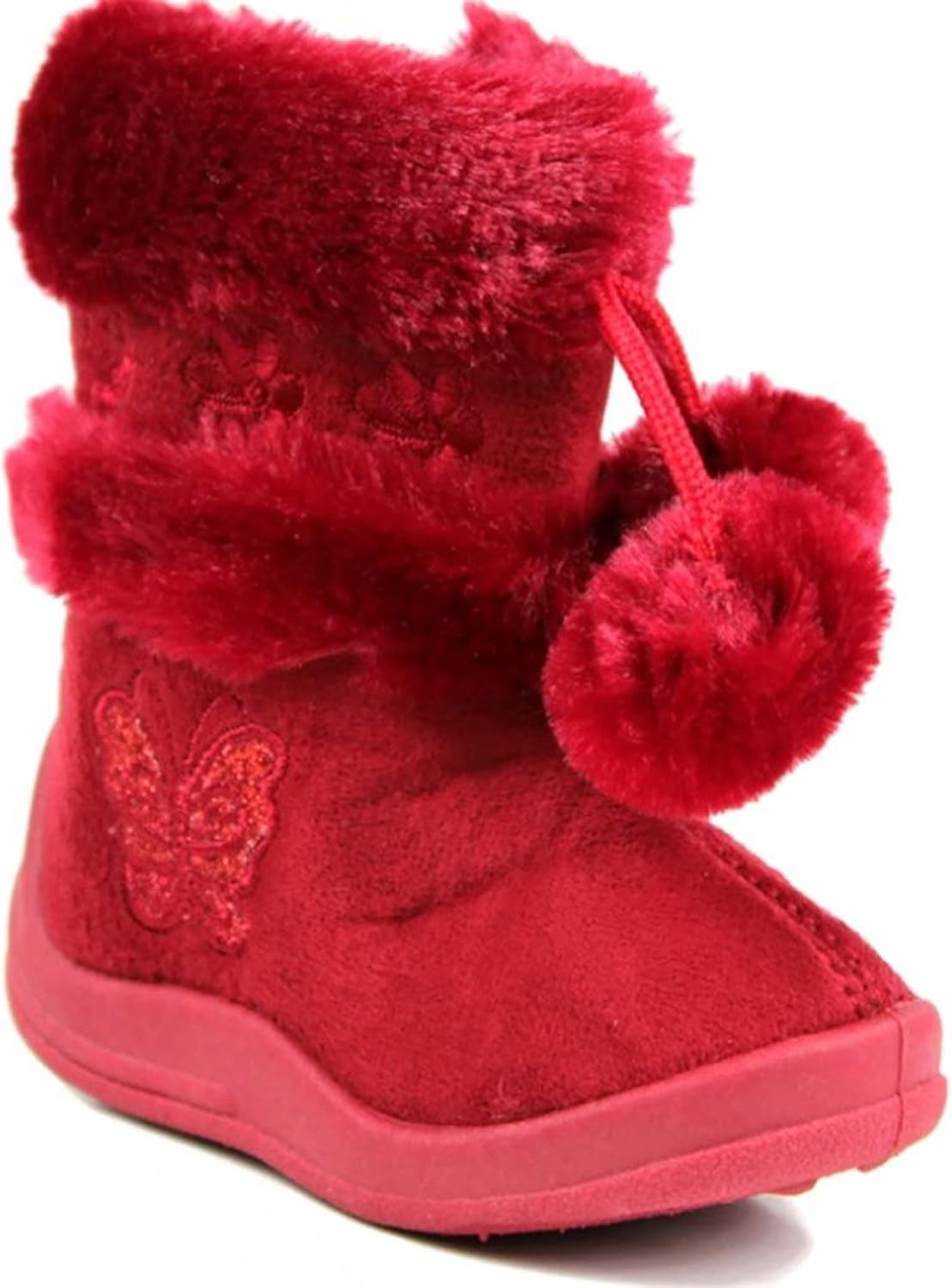 Kali Footwear Big Girls' Zello Glitter Pom Pom Boots Red Faux Suede 9 M