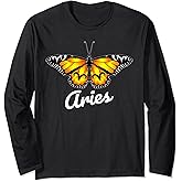 Aries Butterfly Wings with Aries Zodiac Sign for Women Long Sleeve T-Shirt