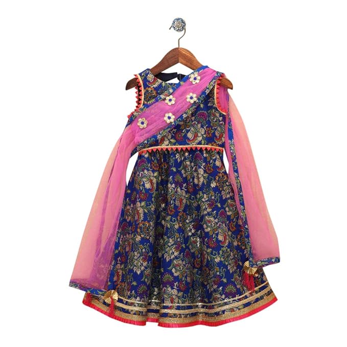 Peaches By Hopscotch Girls Poplin Floral Print Blouse And Lehenga Set in Blue Color