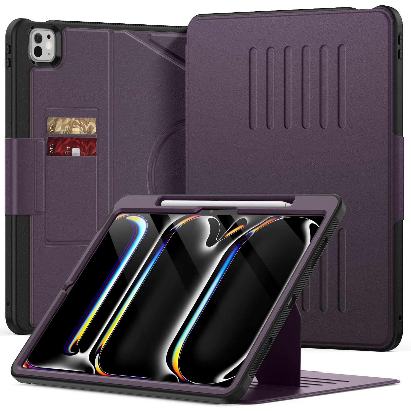 Photo 1 of KAIJIAbox Case for iPad Pro 13 Inch M4 2024, Full Body PU Leather Auto Sleep/Wake Shockproof Cover with Pencil Holder, Card Slot, Strong Magnetic Multi-Angle Stand (Purple)