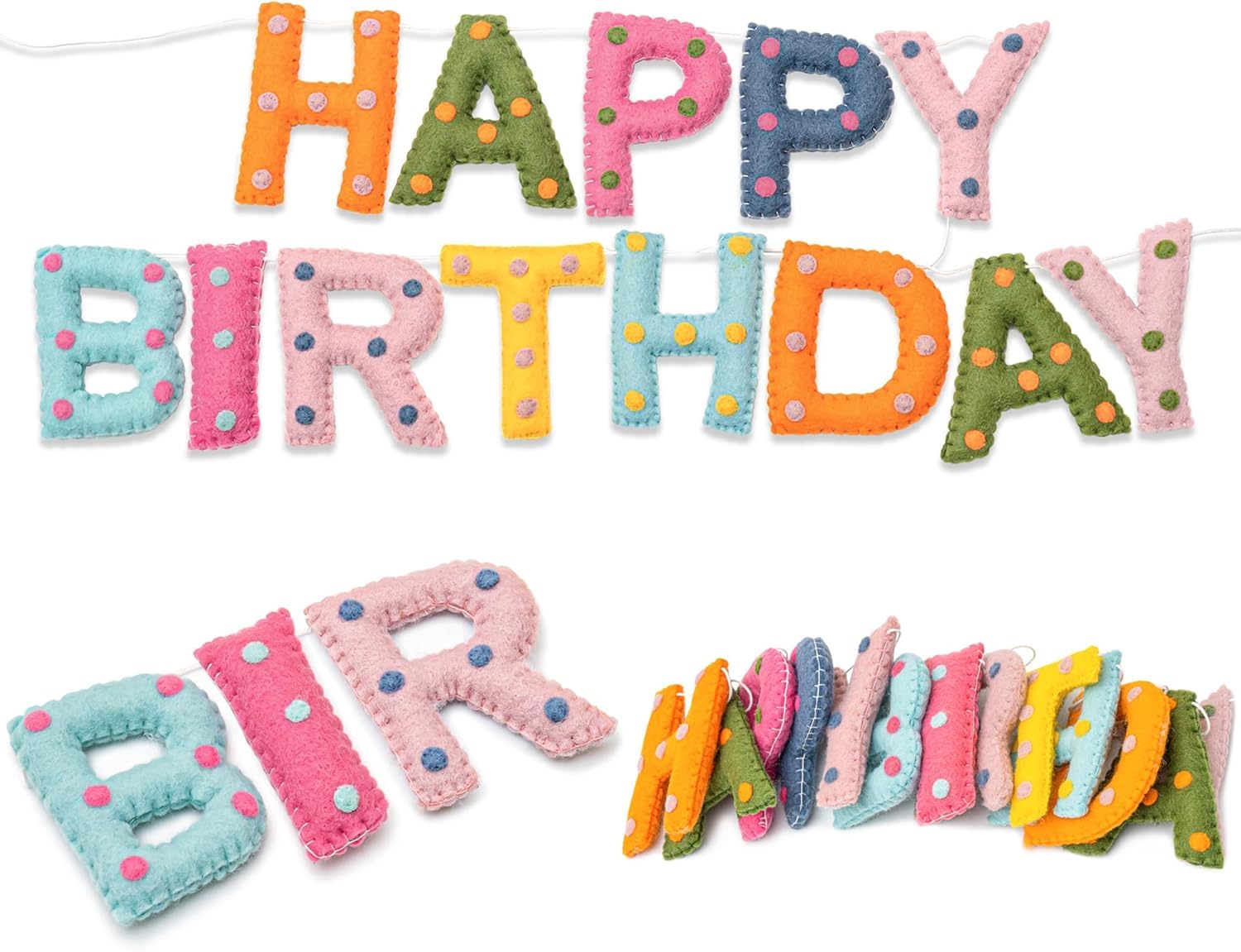 Pre-Strung Handmade Wool Felt Colorful Happy Birthday Banner, Unique 3D Confetti Dots Happy Birthday Garland Decor, Reusable Happy Birthday Sign for Boho Rainbow Party Backdrop Decorations — image 1