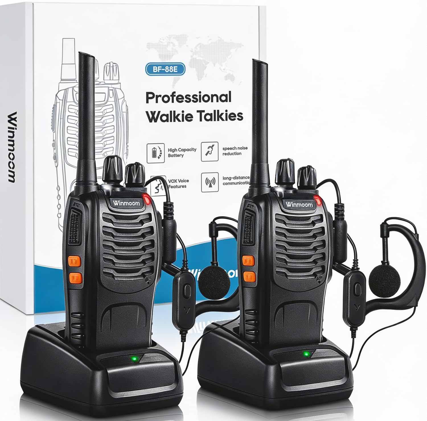 Winmoom Long Range Walkie Talkies,16-Channel USB Rechargeable Walkie Talkies for Adults & Kids, 2-Way Radio Kit with LED Light, Earpieces and Charger (2 Pack)