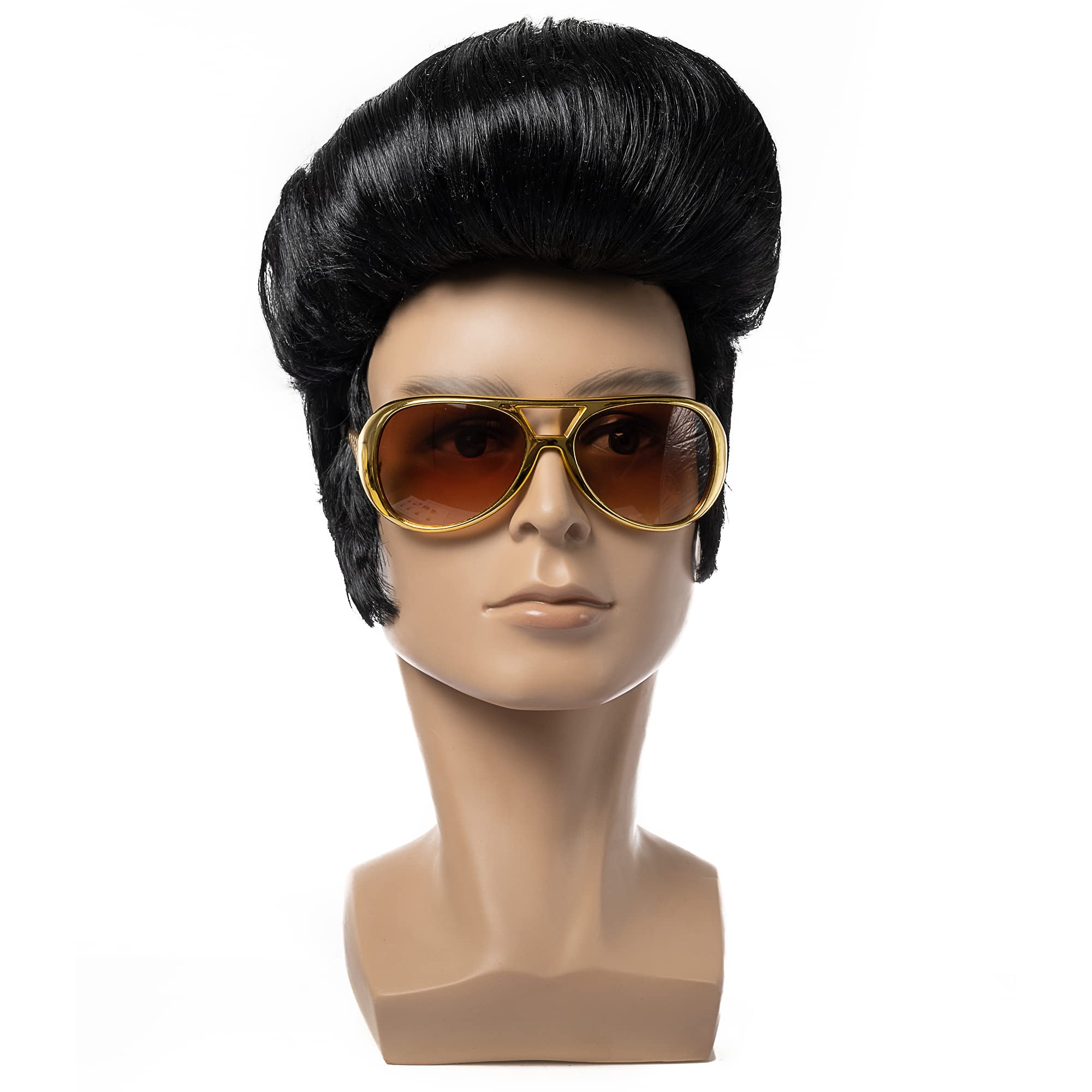 FESTIVAL PARTY Black Rock N Roll Greaser Wig with Glasses, Costume Halloween Cosplay Party, Pompadour Hair