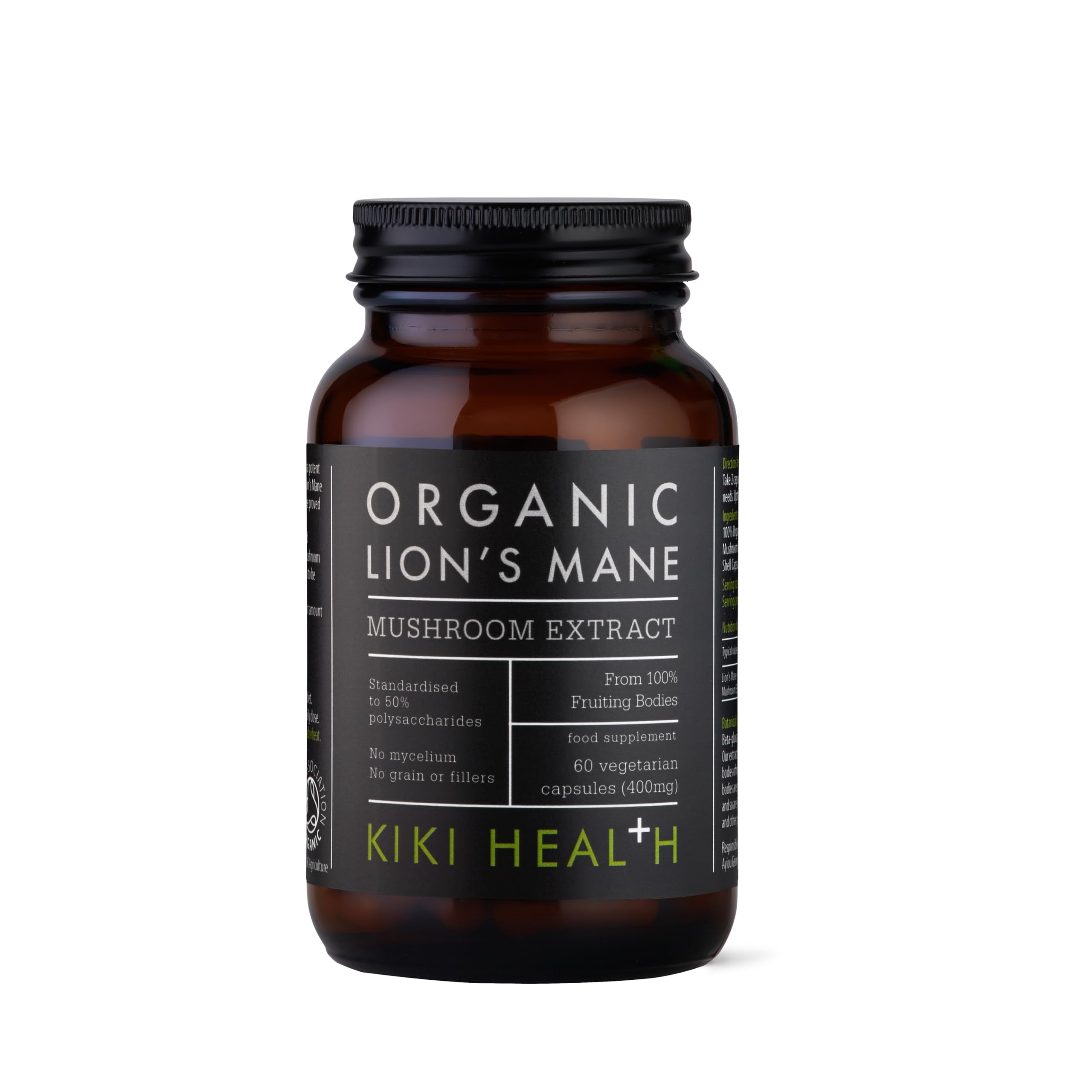 KIKI Health Organic Lion's Mane Mushroom Extract | Improves Cognition, Memory and Mental Focus | Mind Clarity | Brain Health | 50% Beta-Glucan Rich Polysaccharides | 100% Fruiting Bodies | 60 Vegicaps