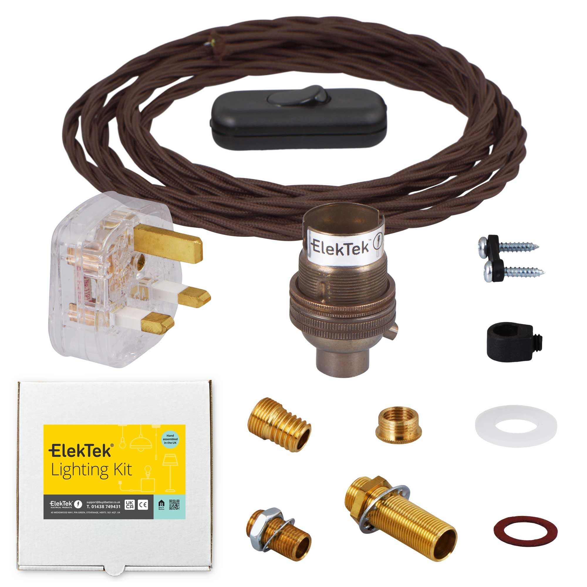 ElekTek Premium Lamp Kit Antique Brass Unswitched B22 Lamp Holder with Twisted Brown Flex, in Line Switch and 3A UK Plug