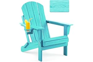 Serique Folding Adirondack Chair, Patio Chairs Weather Resistant, Outdoor Chair Wood Texture, Lawn Chair with Cup Holder, Fire Pit Chair for Deck, Outdoor, Porch, Backyard, Garden (Lake Blue)