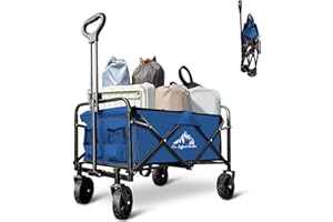 SAILARY Collapsible Folding Wagon Cart with All-Terrain Wheels, Heavy-Duty Outdoor Wagon with Adjustable Handle, Large Capacity Utility Cart for Camping, Beach, Sports & Shopping, Blue