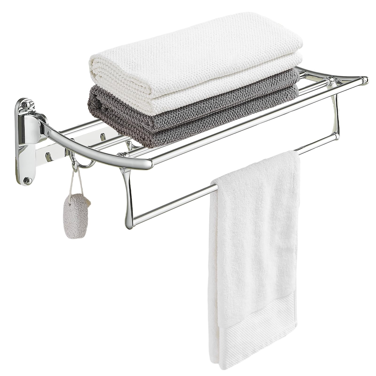 Photo 1 of BESy 24 Inch Polished Chrome Towel Racks, Bathroom Towel Shelf with Foldable Towel Bar Holder and Towel Hooks, Wall Mounted Multifunctional Bathroom Accessories, Double Towel Bars