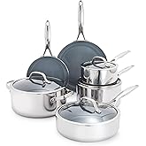 GreenPan Valencia Pro Tri-Ply Stainless Steel 10 Piece Cookware Set, PFAS-Free Ceramic Nonstick Coating, Induction Ready Pots & Pans, Mirror Finish, Multiclad, Dishwasher & Oven/Broiler Safe to 600F