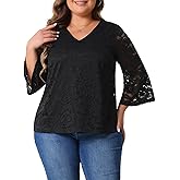 Agnes Orinda Plus Size Lace Tops for Women 3/4 Bell Sleeve Casual V Neck Elegant Floral Lace Blouse