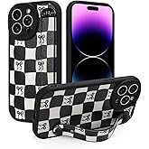 Jefonha Compatible with iPhone 14 Pro Max Case with Strap, Classic Checkered Checkerboard Bow Phone Case with Finger Strap Kickstand, Shockproof Protective Cover, Black Checkered Bow