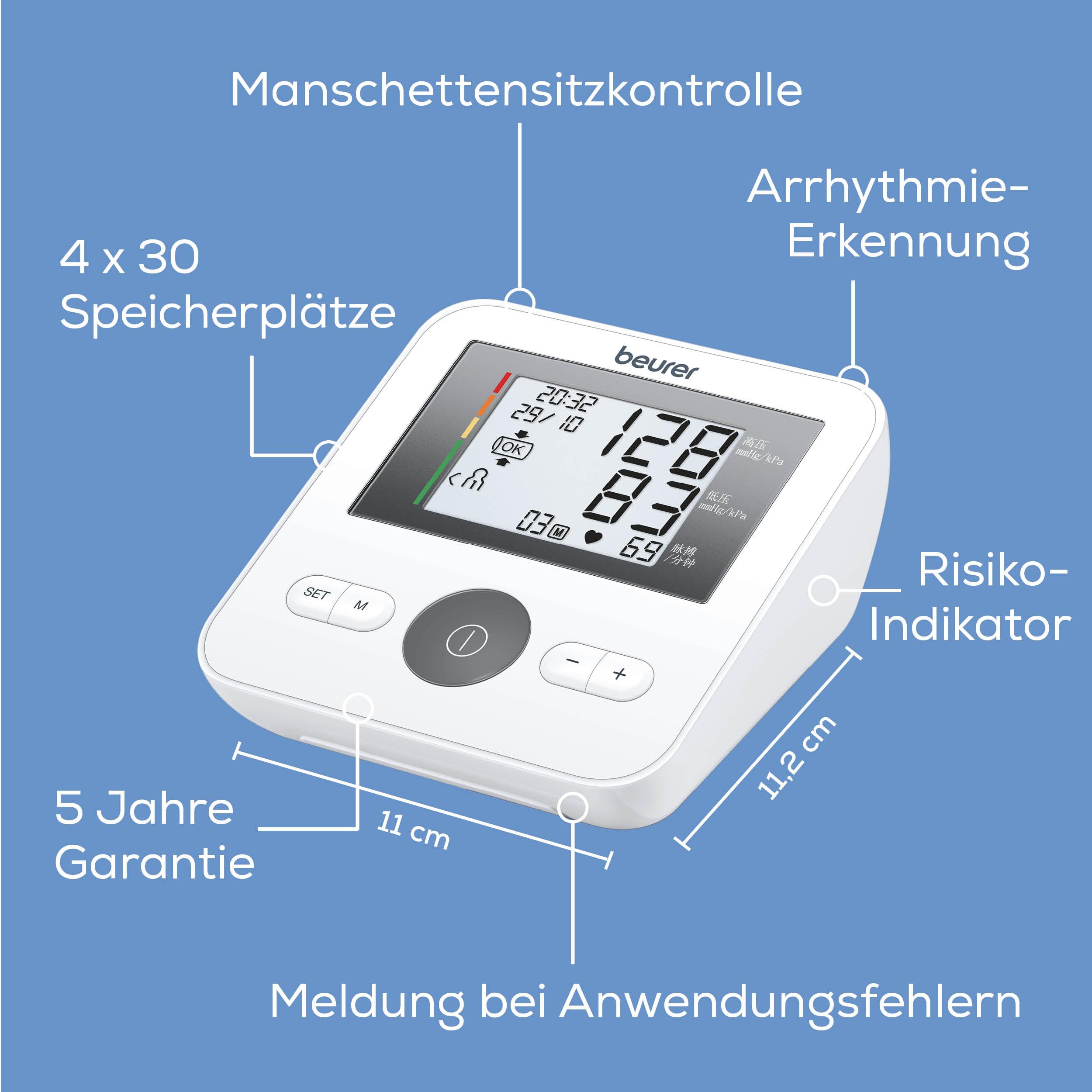 Beurer BM 27 Oberarm-Blutdruckmessgerät mit Manschettensitzkontrolle, klinisch validiert, Manschette für 22-42 cm, Risikoindikator, Arrhythmie-Erkennung, Datenübertragung zu Apple Health und co. 8
