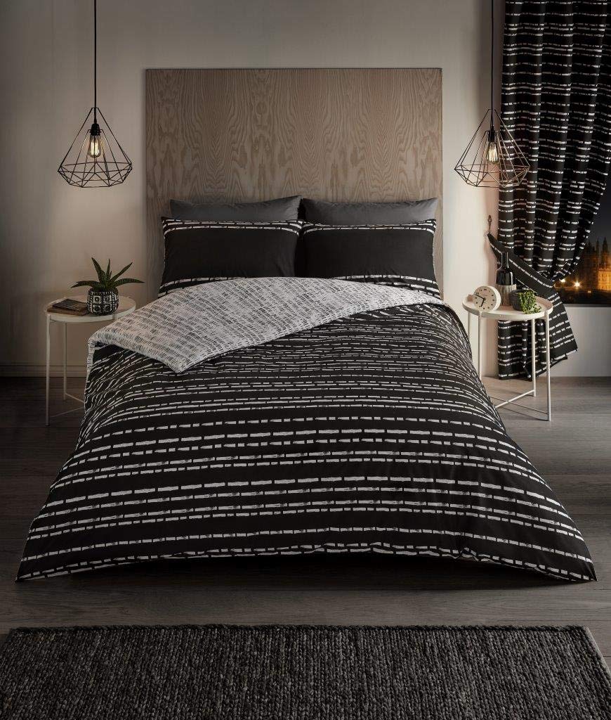 Luxurious Seb Stripe Bed Set with Duvet Cover and Pillow Cases, Polyester-Cotton, [ King - Black ]