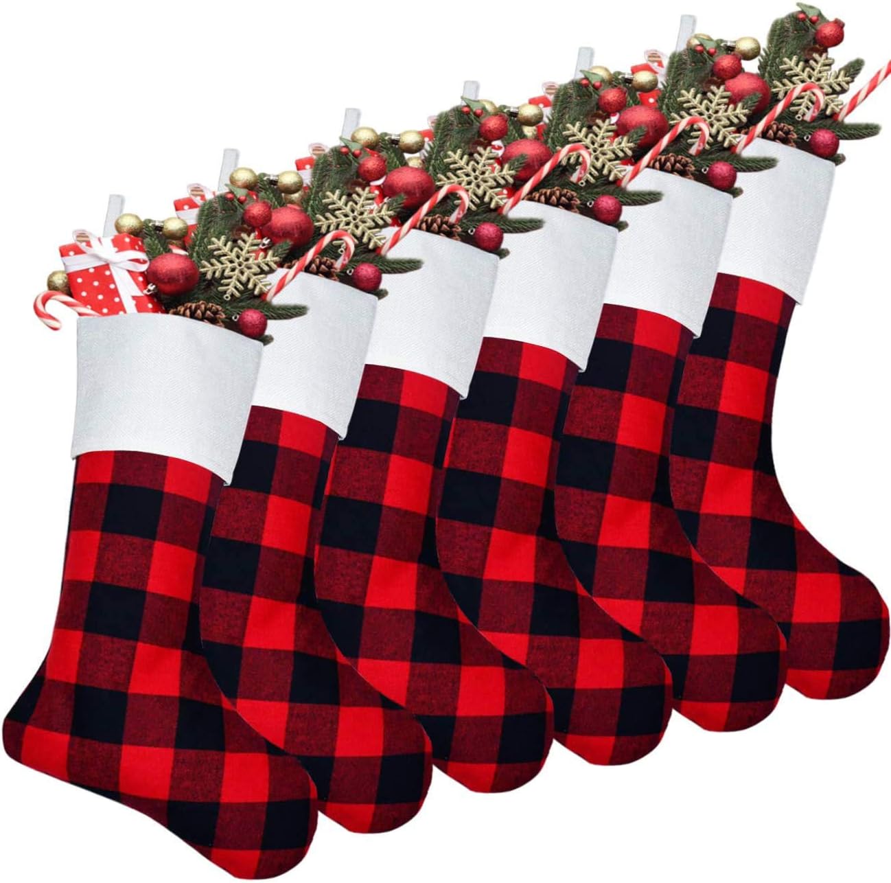 Stockings & Holders - Senneny 6 Pack Christmas Stockings- 18 Inch Red Black Buffalo Plaid Christmas Stockings Fireplace Hanging Stockings for Family Christmas Decoration Holiday Season Party Decor