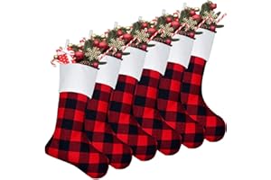 Senneny 6 Pack Christmas Stockings- 18 Inch Red Black Buffalo Plaid Christmas Stockings Fireplace Hanging Stockings for Family Christmas Decoration Holiday Season Party Decor