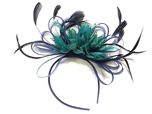Navy Blue And Teal Net Fascinator Headband Turquoise Feather Hair