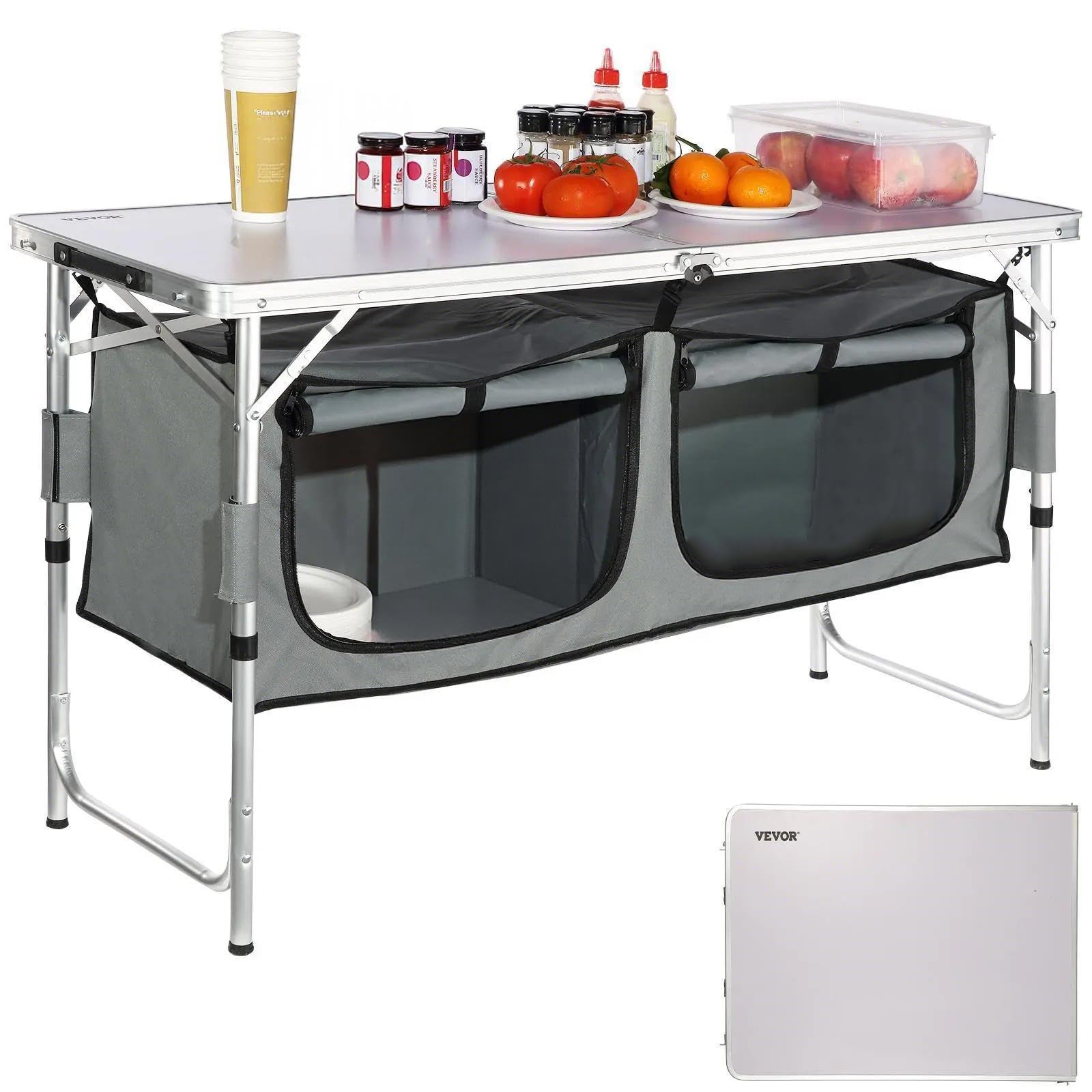 Photo 1 of **MISSING STORAGE ORGANIZER**VEVOR Camping Kitchen Station, 3 Adjustable Height Folding Outdoor Camp Cooking Table with Storage Organizer, Quick Set-up for Patio BBQ Picnic Glamping Traveling
