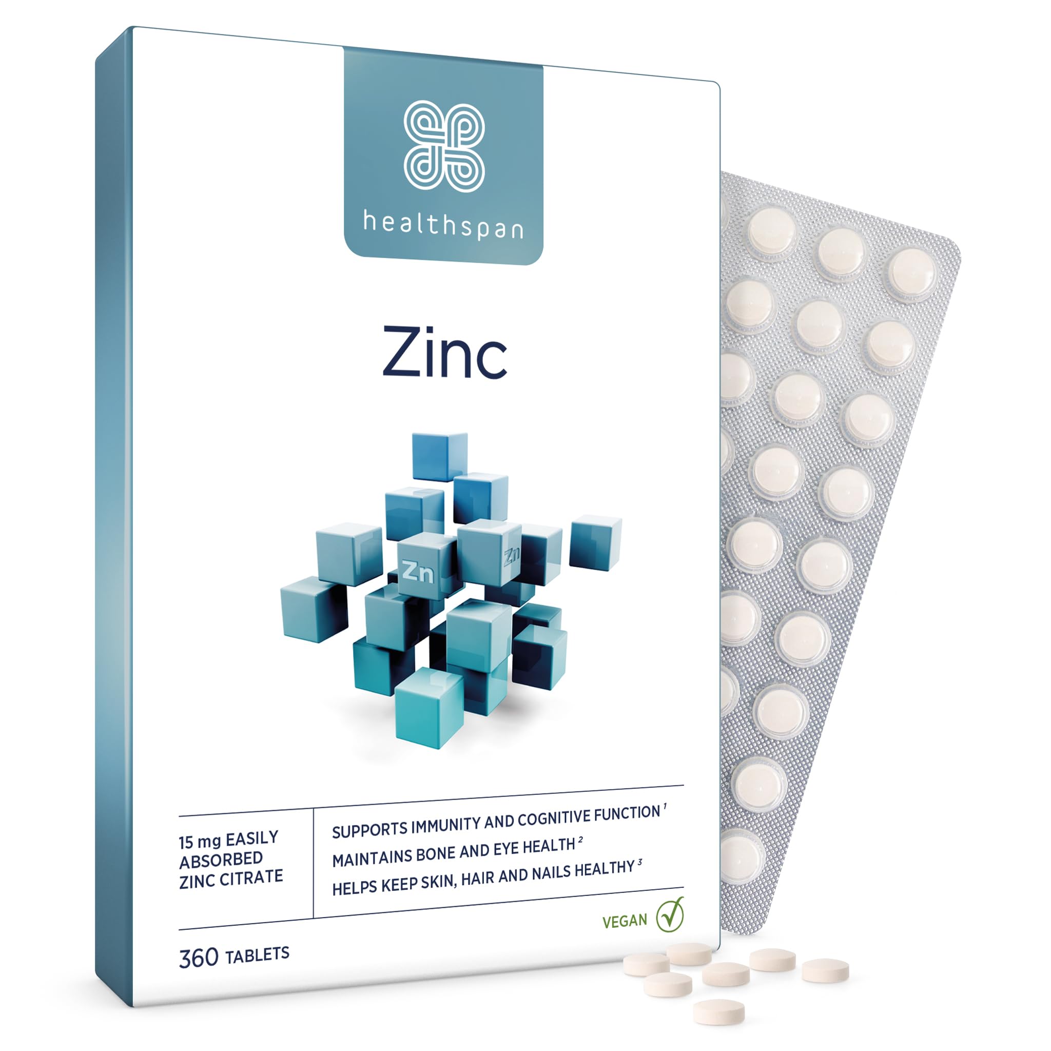 Healthspan Zinc with Vitamin C (360 Tablets) | Immune Health | Bones, Eyes, Skin, Hair & Nails | 15mg Zinc & 80mg Vitamin C per Tablet | Easily Absorbable | One-A-Day | Easy to Swallow | Vegan