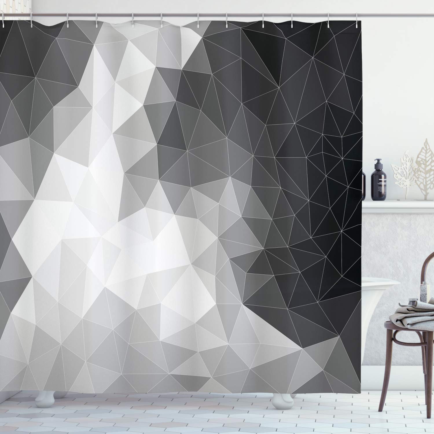 ABAKUHAUS Black and Grey Shower Curtain, Polygonal Triangles Dots and Circles Pattern Contemporary Art Inspired, Cloth Fabric Bathroom Decor Set with Hooks, 94 Inches, Black Pale Grey