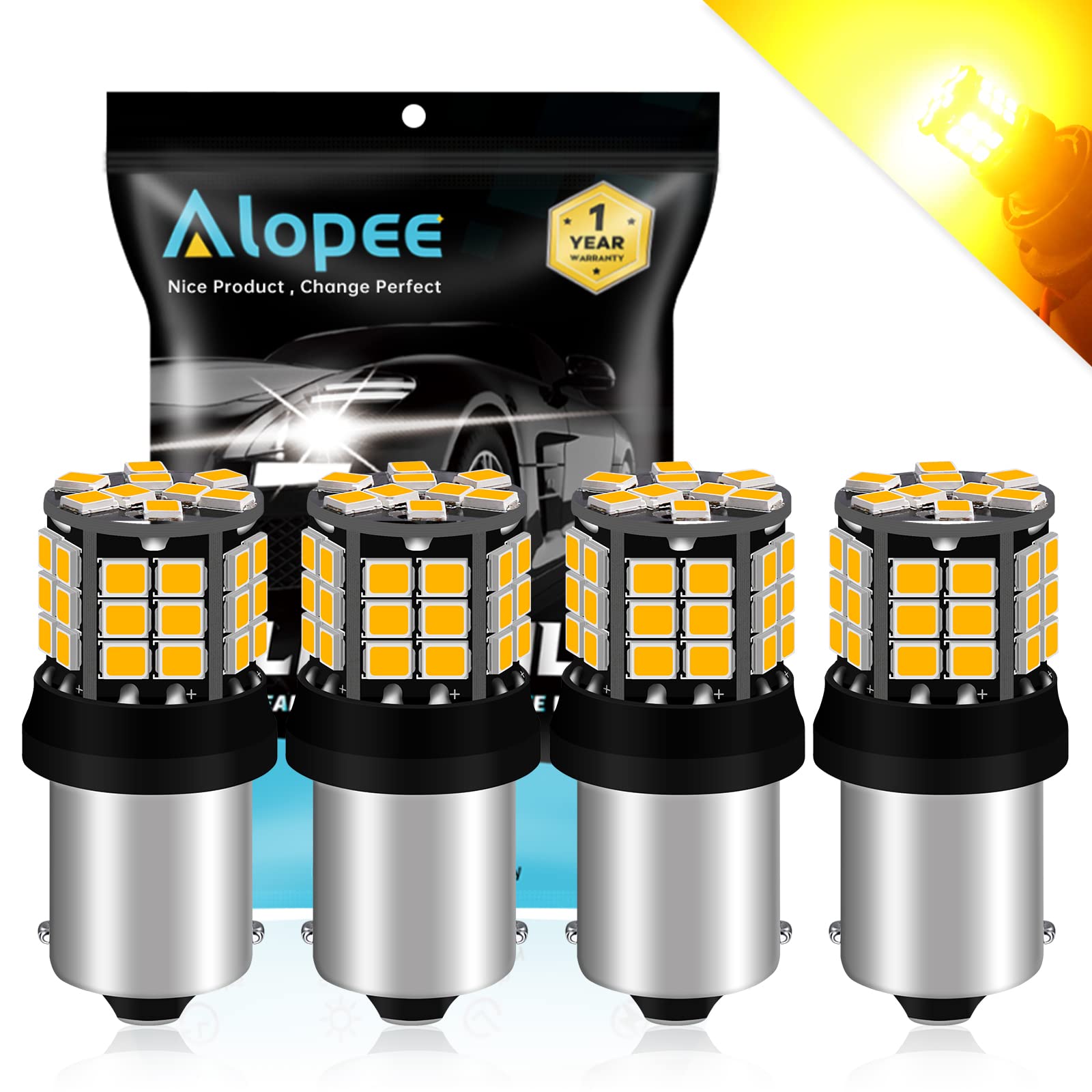 Alopee 4-Pack P21W Led Bulb 12V-24V 1156 BA15S 1141 1073 7506 1003 Extremely Bright Amber 2835 39 SMD Replacement for Front and Rear Turn Signal Bulb Tail Blinker Light