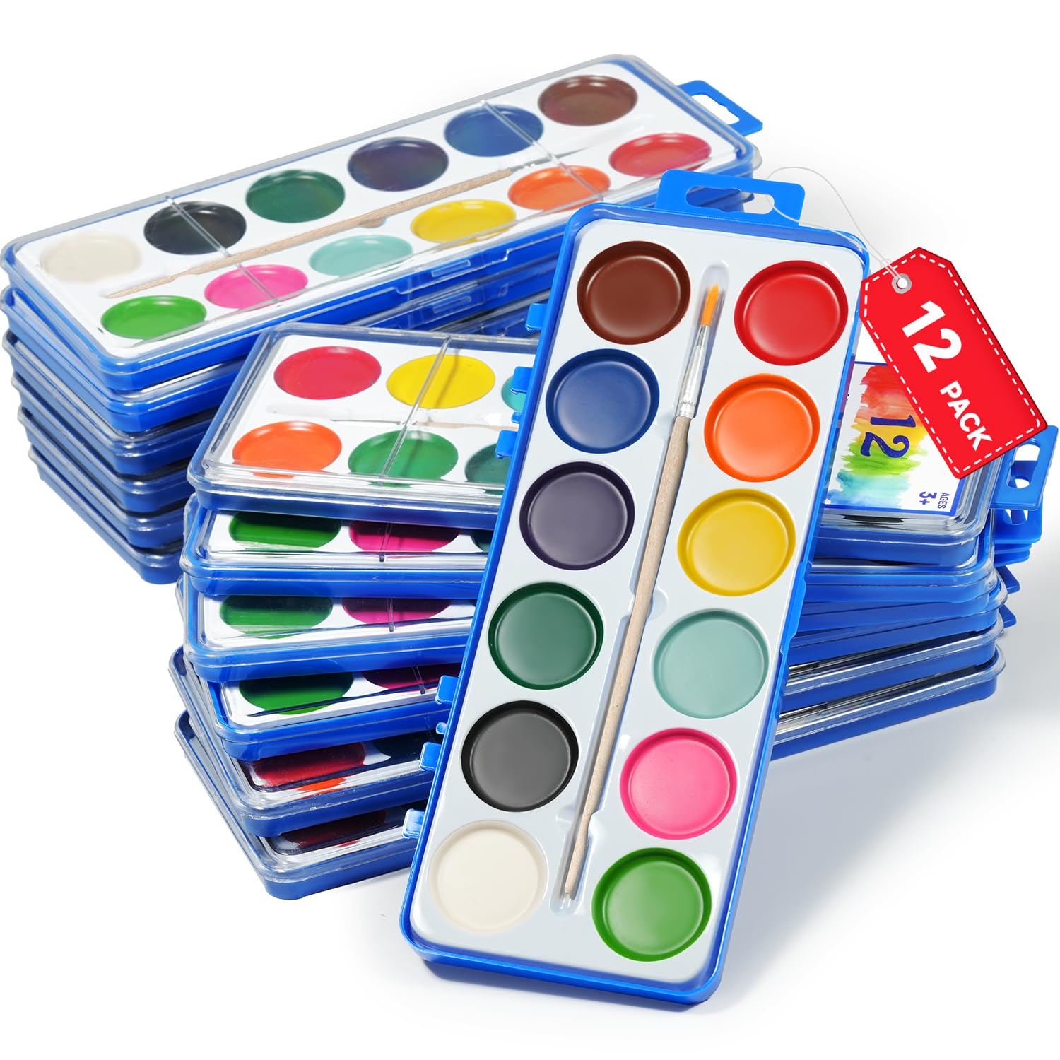 Photo 1 of 12 Pack Watercolor Paint Set, 12 Color Washable Water Color Paint, Woodbrushes Included, Water Color Paint for Classroom