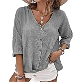 Zhyaj Linen Shirts for Womens V Neck Roll up Sleeve Shirt 2025 Spring Casual Loose Work Button Down Blouses Tops