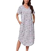 PNAEONG Women Short Sleeve Long Nightgown Soft Cotton Sleepwear Nightshirts Loungewear with Pockets