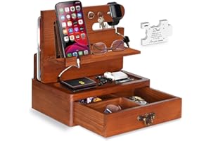 COZYYROME Wood Phone Docking Station with Drawer - Gifts for Men Who Want NothingWatch Holder Stand for Men Nightstand Organizer Gifts for Husband from Wife