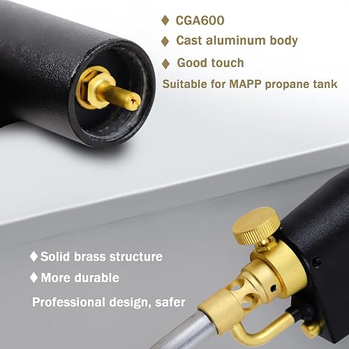 High-Intensity Propane Torch Head With Trigger Start – MAPP/Propane Gas Torch, Self-Ignition, Brass Valve, Pencil Flame, CSA Certified