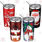 Lemosae 4 Pcs Christmas Tumblers 20 oz Christmas Travel Tumbler Cup Holiday Stainless Steel Insulated Tumbler Coffee Mug with Lid Straw for Xmas Birthday Gift Party Supplies, Vintage Style