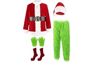 VIONMI Christmas Costume for Men Adult Santa Claus Suit 7PCS Green Furry Monster Deluxe Xmas Halloween Cosplay Outfit